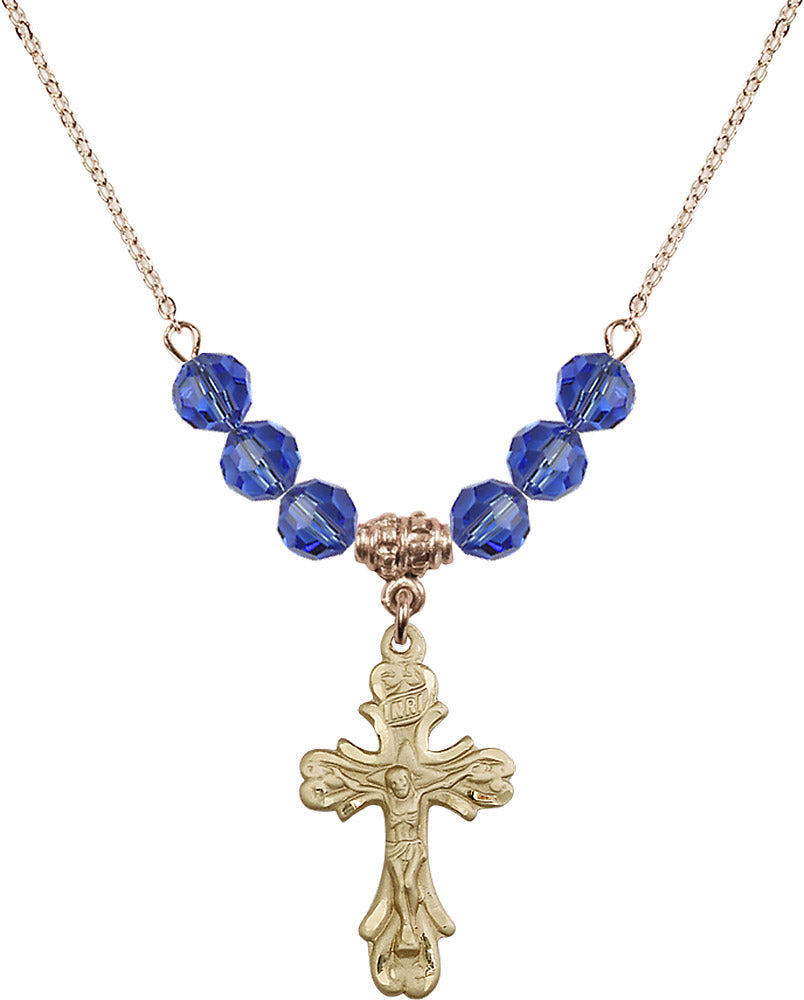 14kt Gold Filled Crucifix Birthstone Necklace with Sapphire Beads - 5421