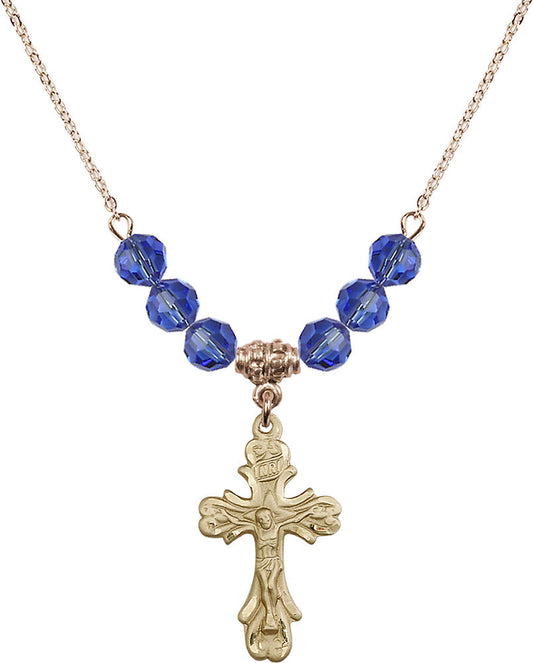 14kt Gold Filled Crucifix Birthstone Necklace with Sapphire Beads - 5421