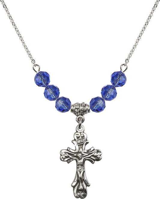 Sterling Silver Crucifix Birthstone Necklace with Sapphire Beads - 5421