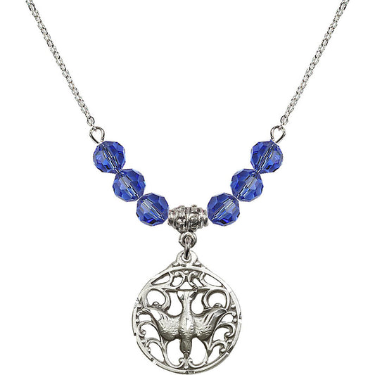 Sterling Silver Holy Spirit Birthstone Necklace with Sapphire Beads - 5655