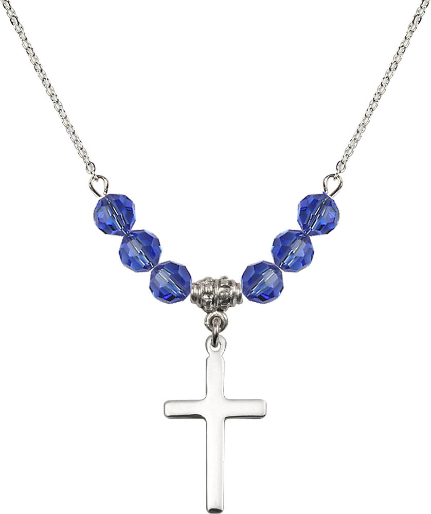 Sterling Silver Cross Birthstone Necklace with Sapphire Beads - 5670