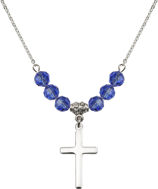 Sterling Silver Cross Birthstone Necklace with Sapphire Beads - 5670
