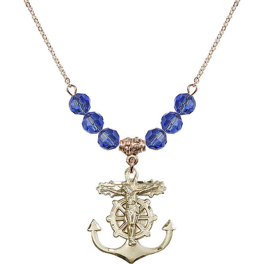 14kt Gold Filled Anchor Crucifix Birthstone Necklace with Sapphire Beads - 5685