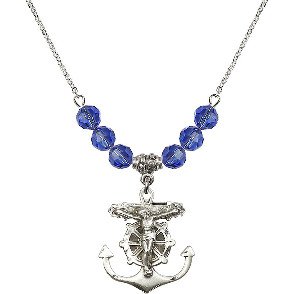 Sterling Silver Anchor Crucifix Birthstone Necklace with Sapphire Beads - 5685
