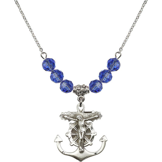 Sterling Silver Anchor Crucifix Birthstone Necklace with Sapphire Beads - 5685