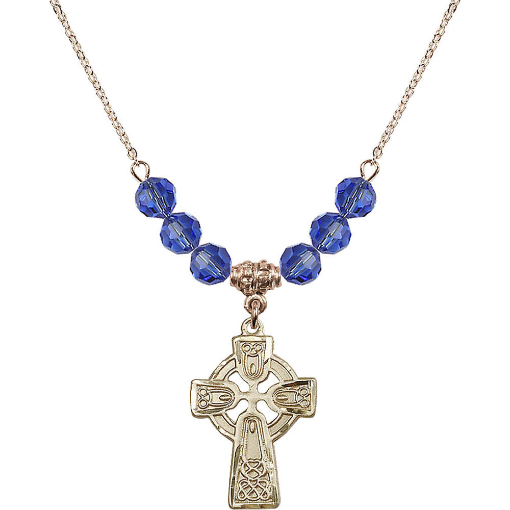 14kt Gold Filled Celtic Cross Birthstone Necklace with Sapphire Beads - 5689