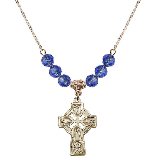 14kt Gold Filled Celtic Cross Birthstone Necklace with Sapphire Beads - 5689