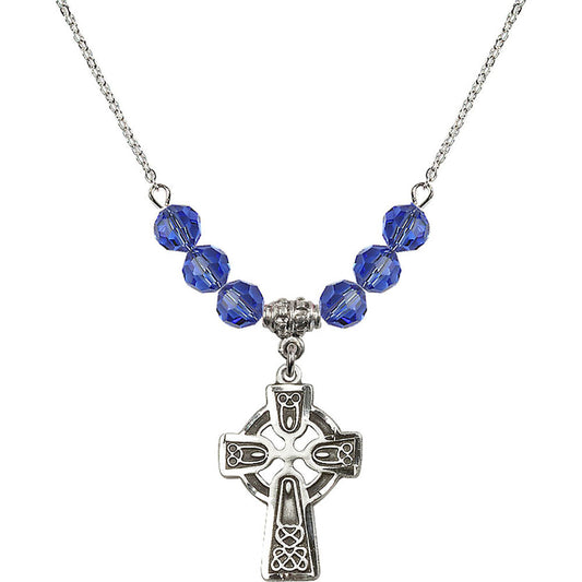 Sterling Silver Celtic Cross Birthstone Necklace with Sapphire Beads - 5689