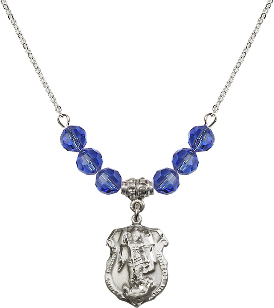 Sterling Silver Saint Michael the Archangel Birthstone Necklace with Sapphire Beads - 5692