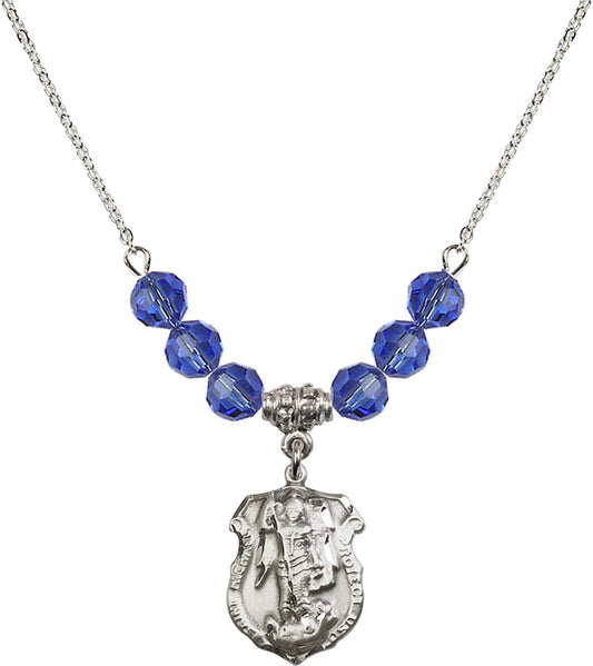 Sterling Silver Saint Michael the Archangel Birthstone Necklace with Sapphire Beads - 5692