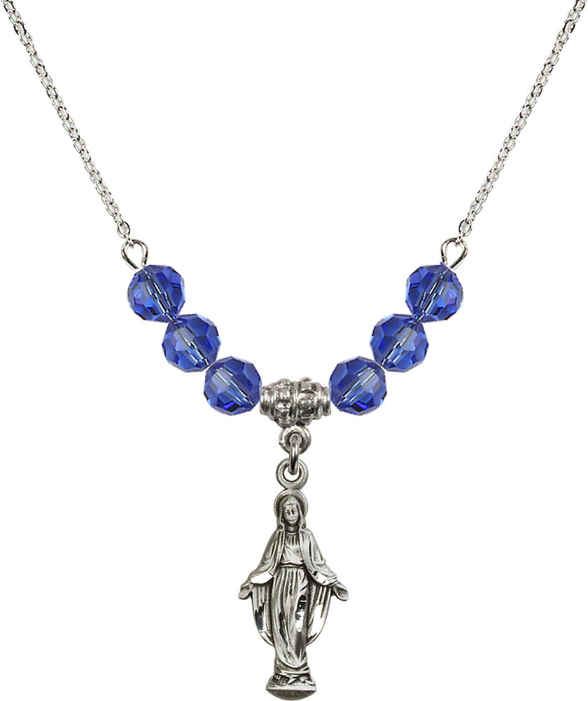 Sterling Silver Miraculous Birthstone Necklace with Sapphire Beads - 5900