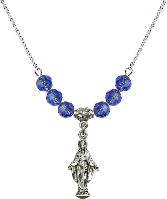 Sterling Silver Miraculous Birthstone Necklace with Sapphire Beads - 5900