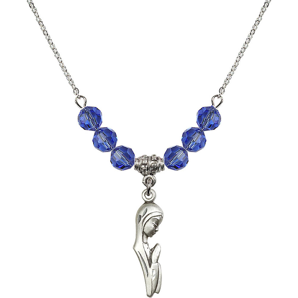 Sterling Silver Madonna Birthstone Necklace with Sapphire Beads - 5907