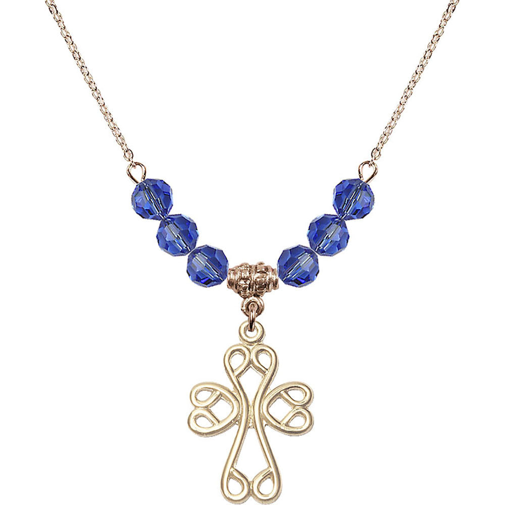 14kt Gold Filled Scroll Cross Birthstone Necklace with Sapphire Beads - 5998