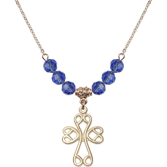 14kt Gold Filled Scroll Cross Birthstone Necklace with Sapphire Beads - 5998