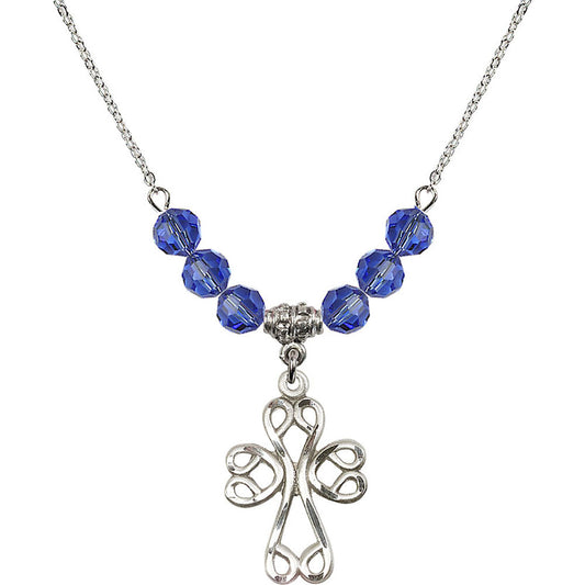 Sterling Silver Scroll Cross Birthstone Necklace with Sapphire Beads - 5998