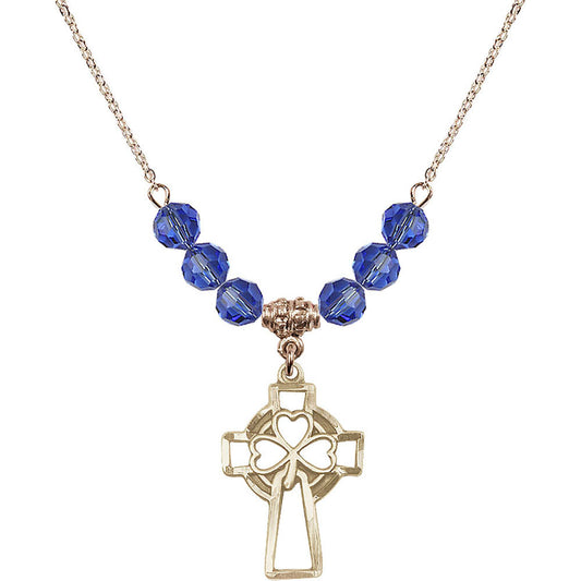 14kt Gold Filled Shamrock Cross Birthstone Necklace with Sapphire Beads - 5999