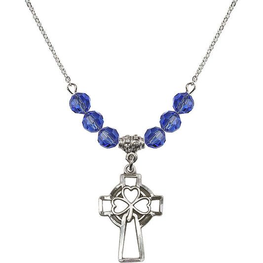 Sterling Silver Shamrock Cross Birthstone Necklace with Sapphire Beads - 5999