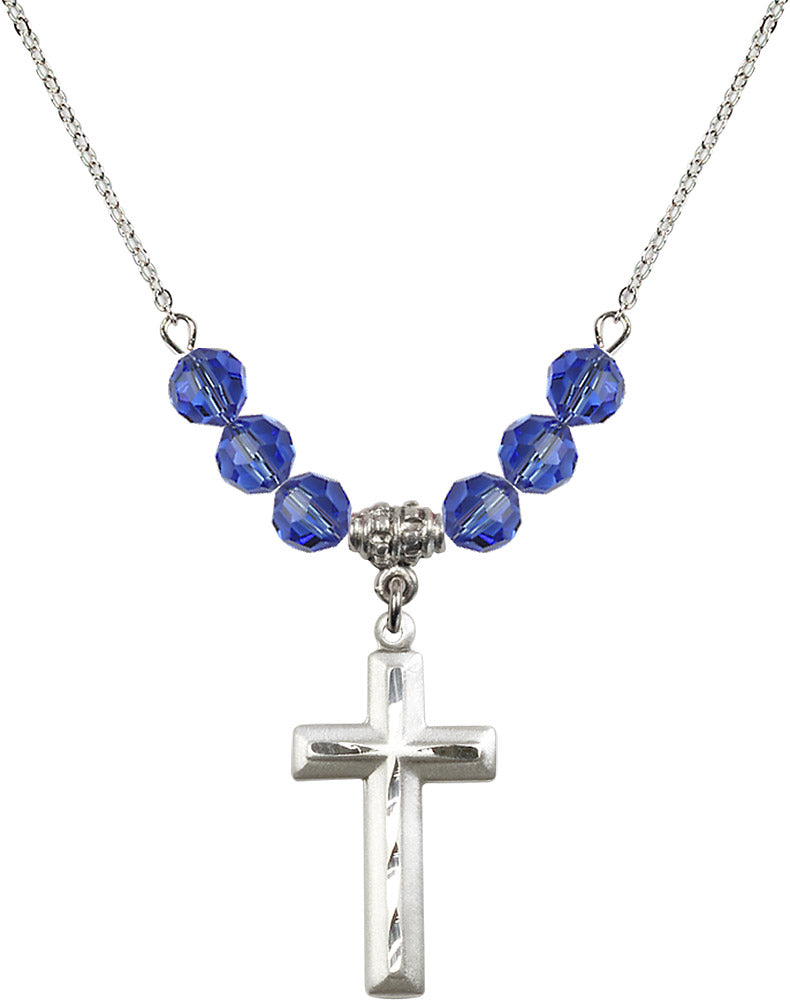 Sterling Silver Cross Birthstone Necklace with Sapphire Beads - 6000