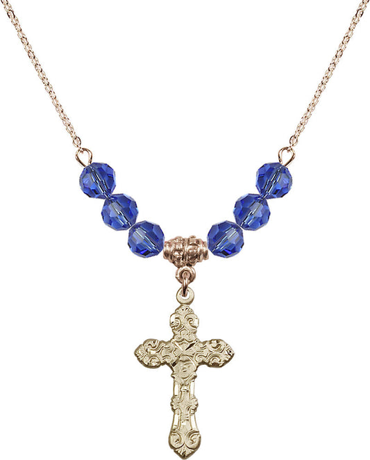 14kt Gold Filled Cross Birthstone Necklace with Sapphire Beads - 6001