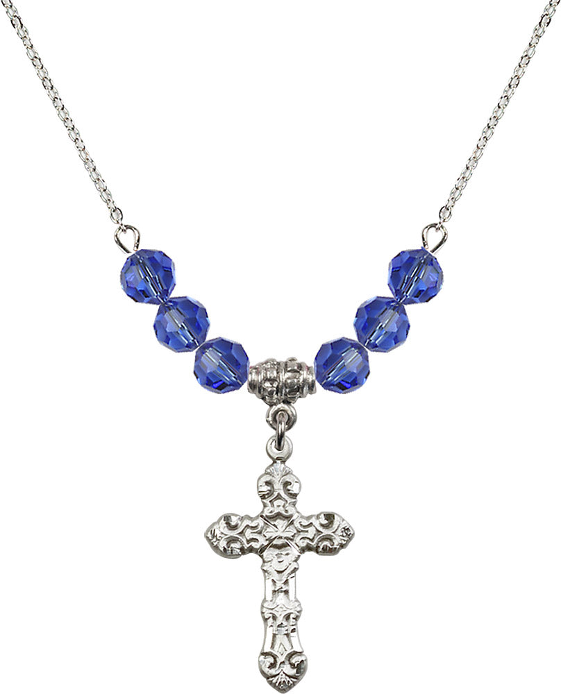 Sterling Silver Cross Birthstone Necklace with Sapphire Beads - 6001