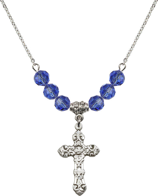 Sterling Silver Cross Birthstone Necklace with Sapphire Beads - 6001