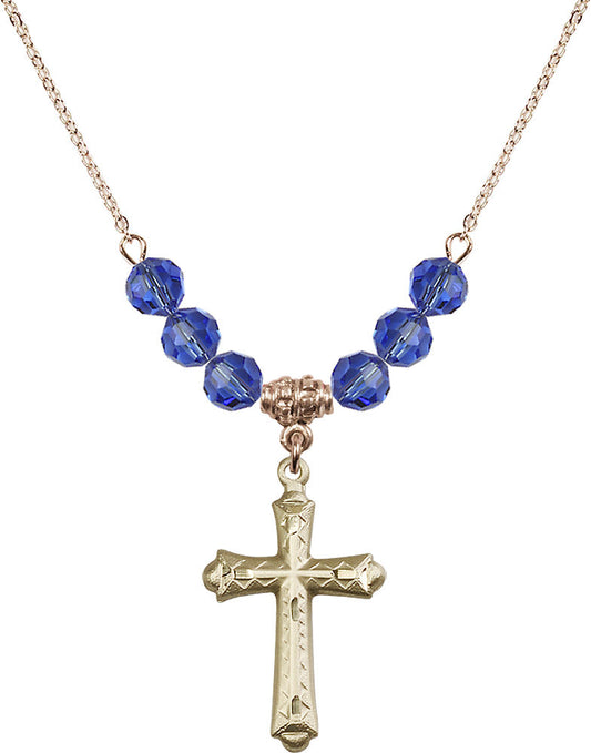 14kt Gold Filled Cross Birthstone Necklace with Sapphire Beads - 6007