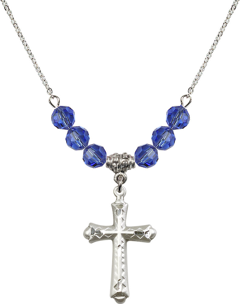 Sterling Silver Cross Birthstone Necklace with Sapphire Beads - 6007
