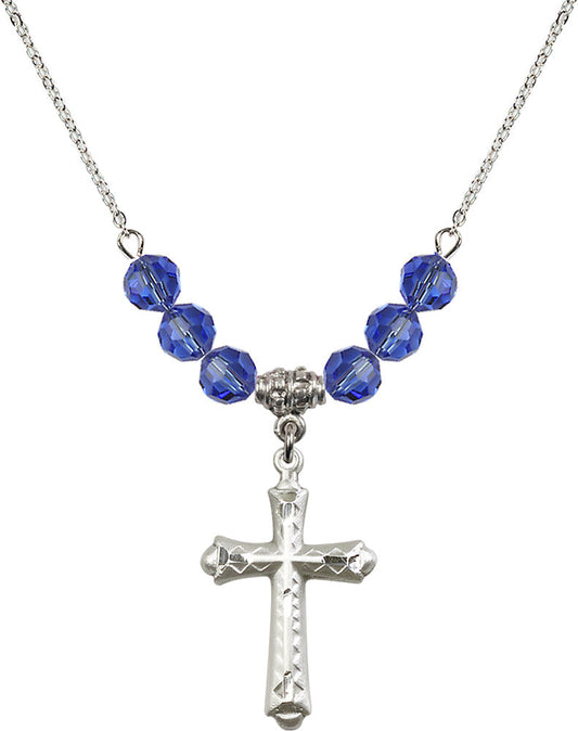 Sterling Silver Cross Birthstone Necklace with Sapphire Beads - 6007