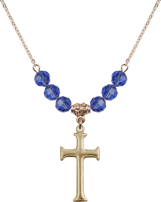 14kt Gold Filled Cross Birthstone Necklace with Sapphire Beads - 6008