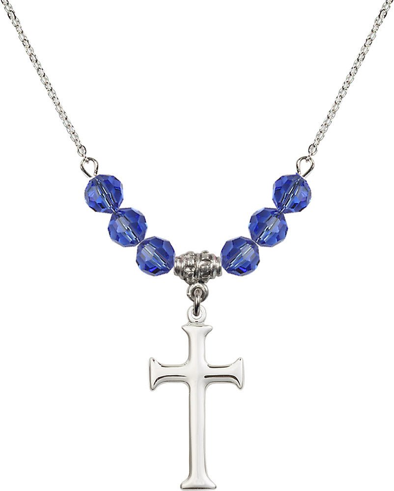 Sterling Silver Cross Birthstone Necklace with Sapphire Beads - 6008