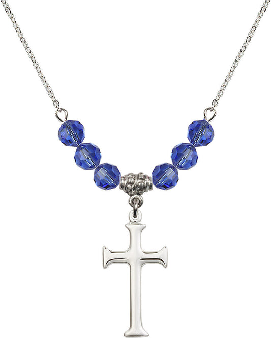 Sterling Silver Cross Birthstone Necklace with Sapphire Beads - 6008