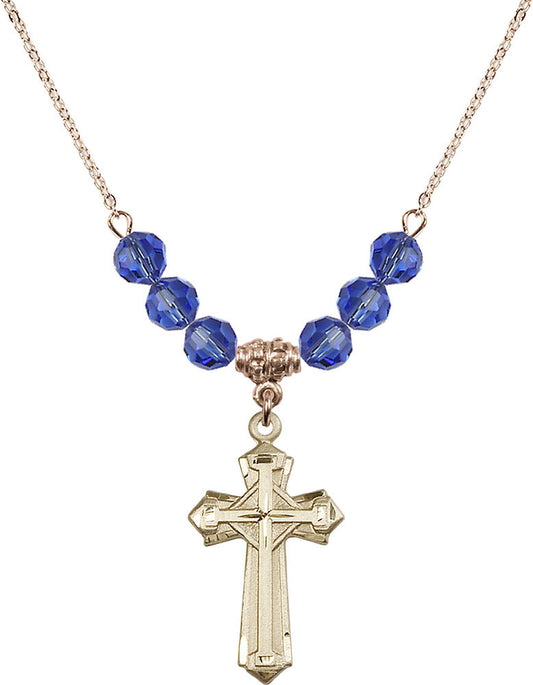 14kt Gold Filled Cross Birthstone Necklace with Sapphire Beads - 6012