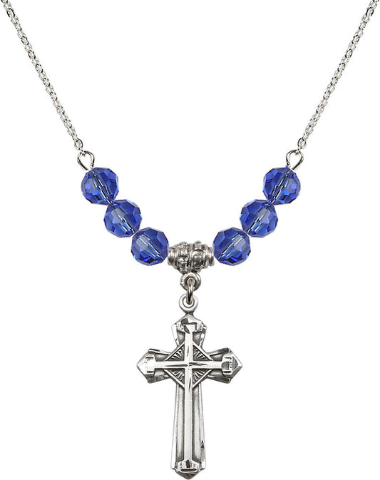 Sterling Silver Cross Birthstone Necklace with Sapphire Beads - 6012