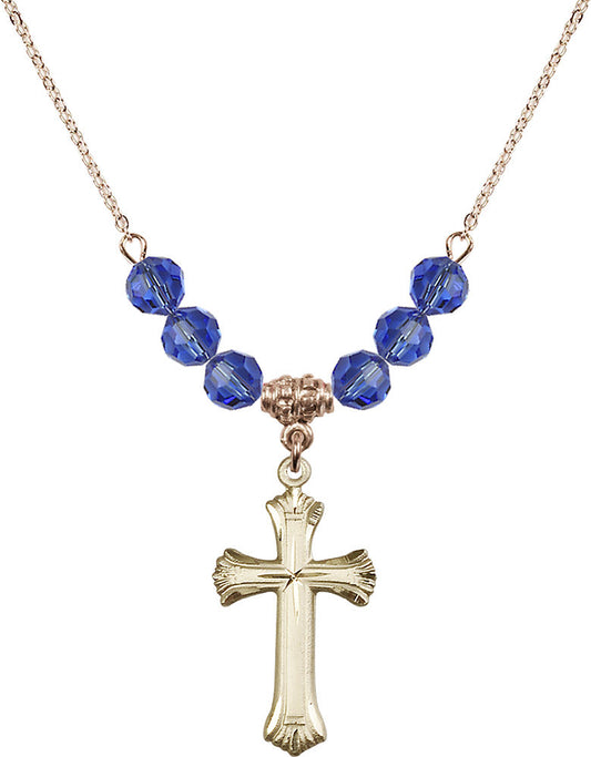 14kt Gold Filled Cross Birthstone Necklace with Sapphire Beads - 6013