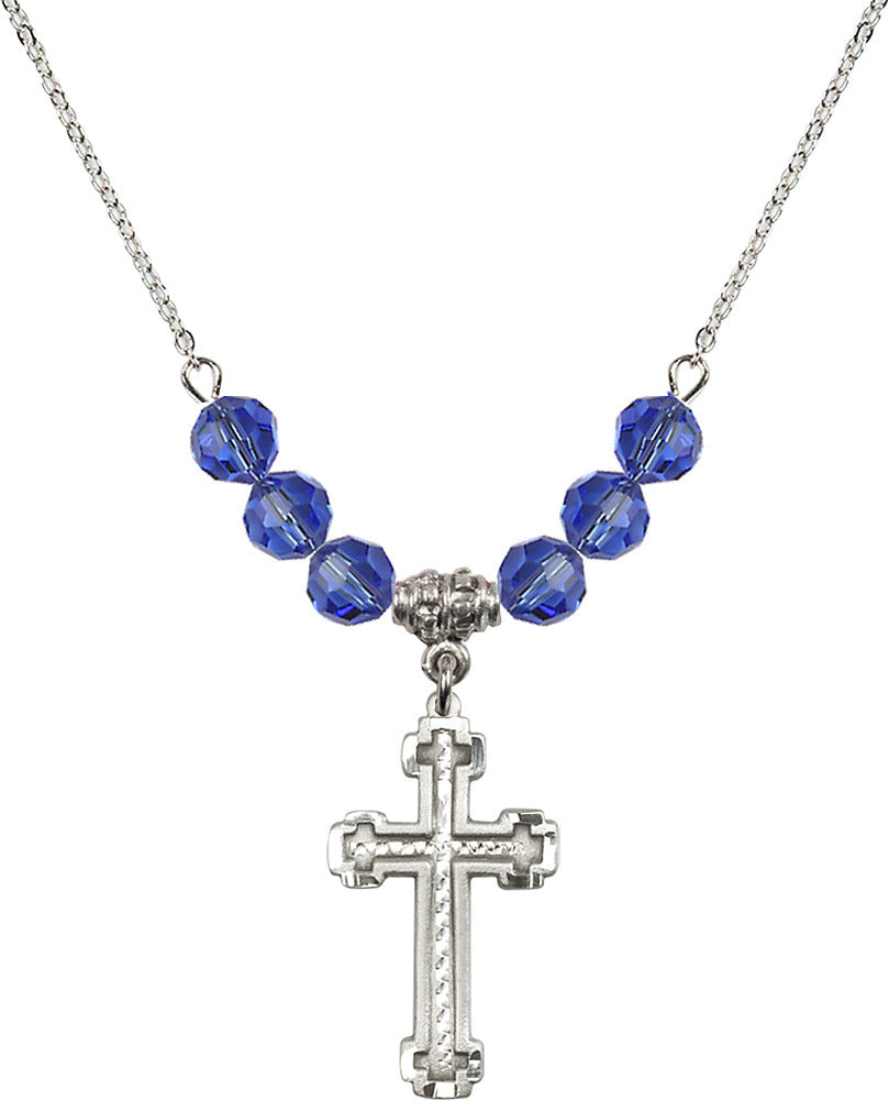Sterling Silver Cross Birthstone Necklace with Sapphire Beads - 6039
