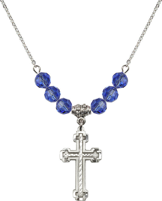 Sterling Silver Cross Birthstone Necklace with Sapphire Beads - 6039