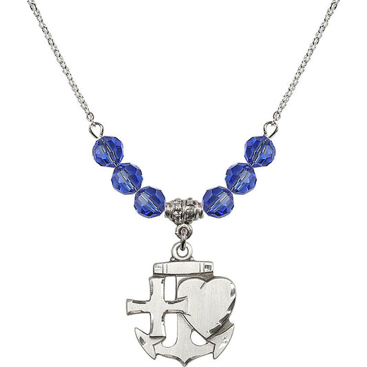 Sterling Silver Faith, Hope & Charity Birthstone Necklace with Sapphire Beads - 6045