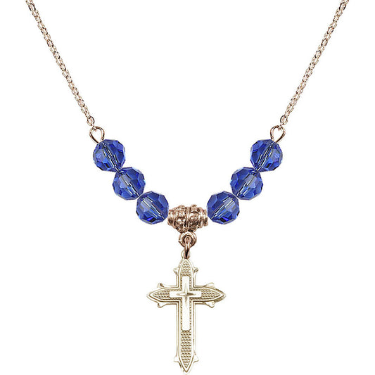 14kt Gold Filled Cross on Cross Birthstone Necklace with Sapphire Beads - 6058
