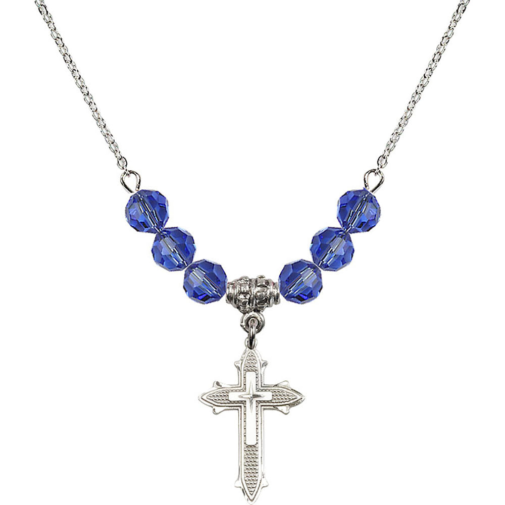 Sterling Silver Cross on Cross Birthstone Necklace with Sapphire Beads - 6058