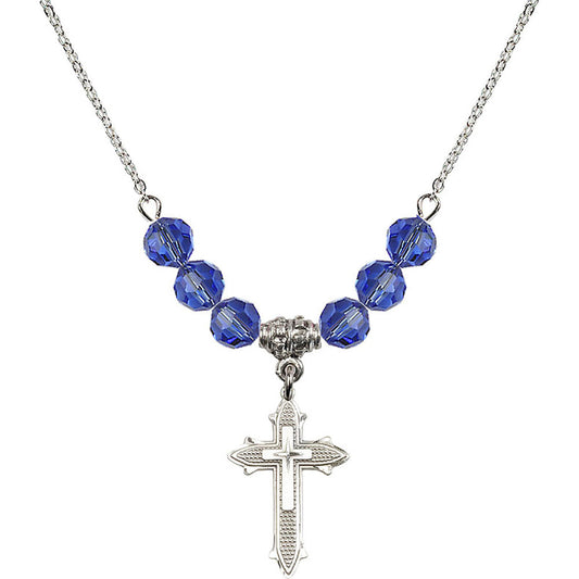 Sterling Silver Cross on Cross Birthstone Necklace with Sapphire Beads - 6058