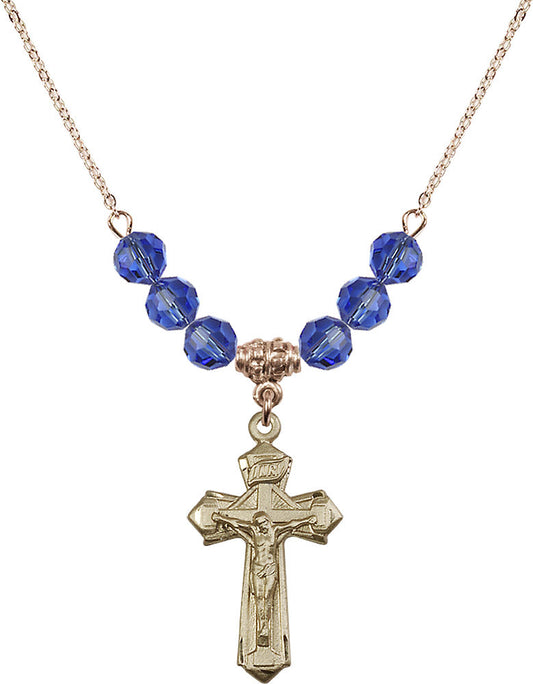 14kt Gold Filled Crucifix Birthstone Necklace with Sapphire Beads - 6092