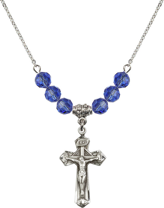 Sterling Silver Crucifix Birthstone Necklace with Sapphire Beads - 6092