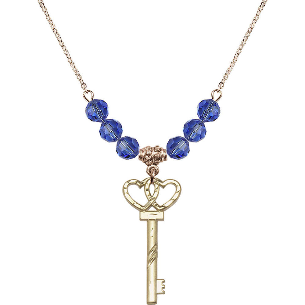 14kt Gold Filled Small Key w/Double Hearts Birthstone Necklace with Sapphire Beads - 6213