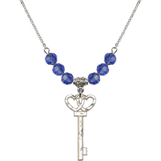 Sterling Silver Small Key w/Double Hearts Birthstone Necklace with Sapphire Beads - 6213