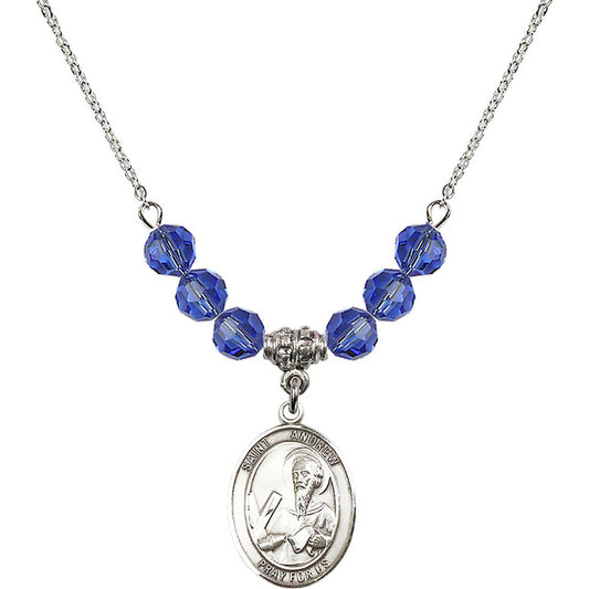 Sterling Silver Saint Andrew the Apostle Birthstone Necklace with Sapphire Beads - 8000