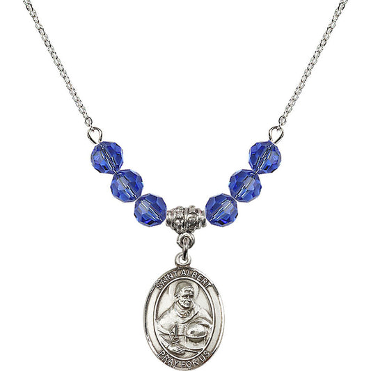 Sterling Silver Saint Albert the Great Birthstone Necklace with Sapphire Beads - 8001