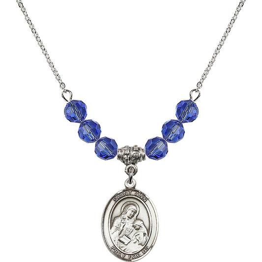 Sterling Silver Saint Ann Birthstone Necklace with Sapphire Beads - 8002