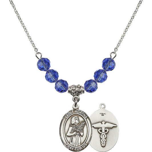 Sterling Silver Saint Agatha / Nurse Birthstone Necklace with Sapphire Beads - 8003