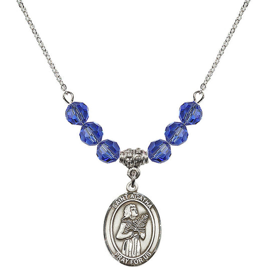 Sterling Silver Saint Agatha Birthstone Necklace with Sapphire Beads - 8003